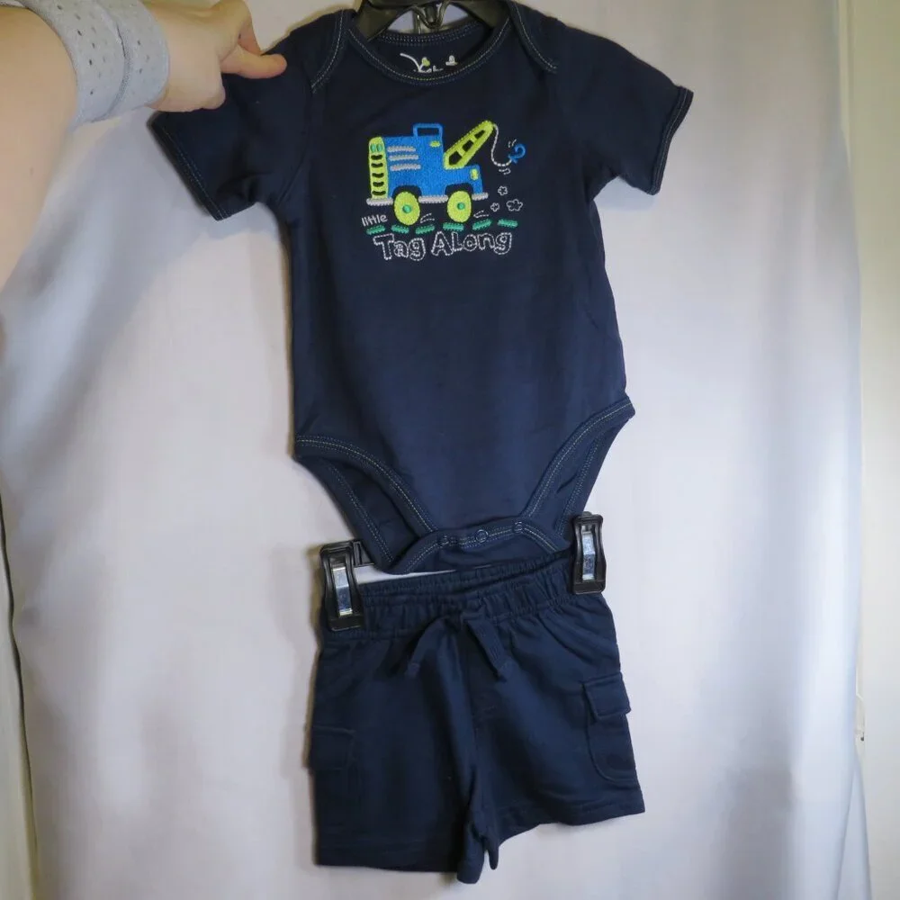 Baby Truck TagAlong Embroidered 2pc Bodysuit w shorts 100% cotton working pocket